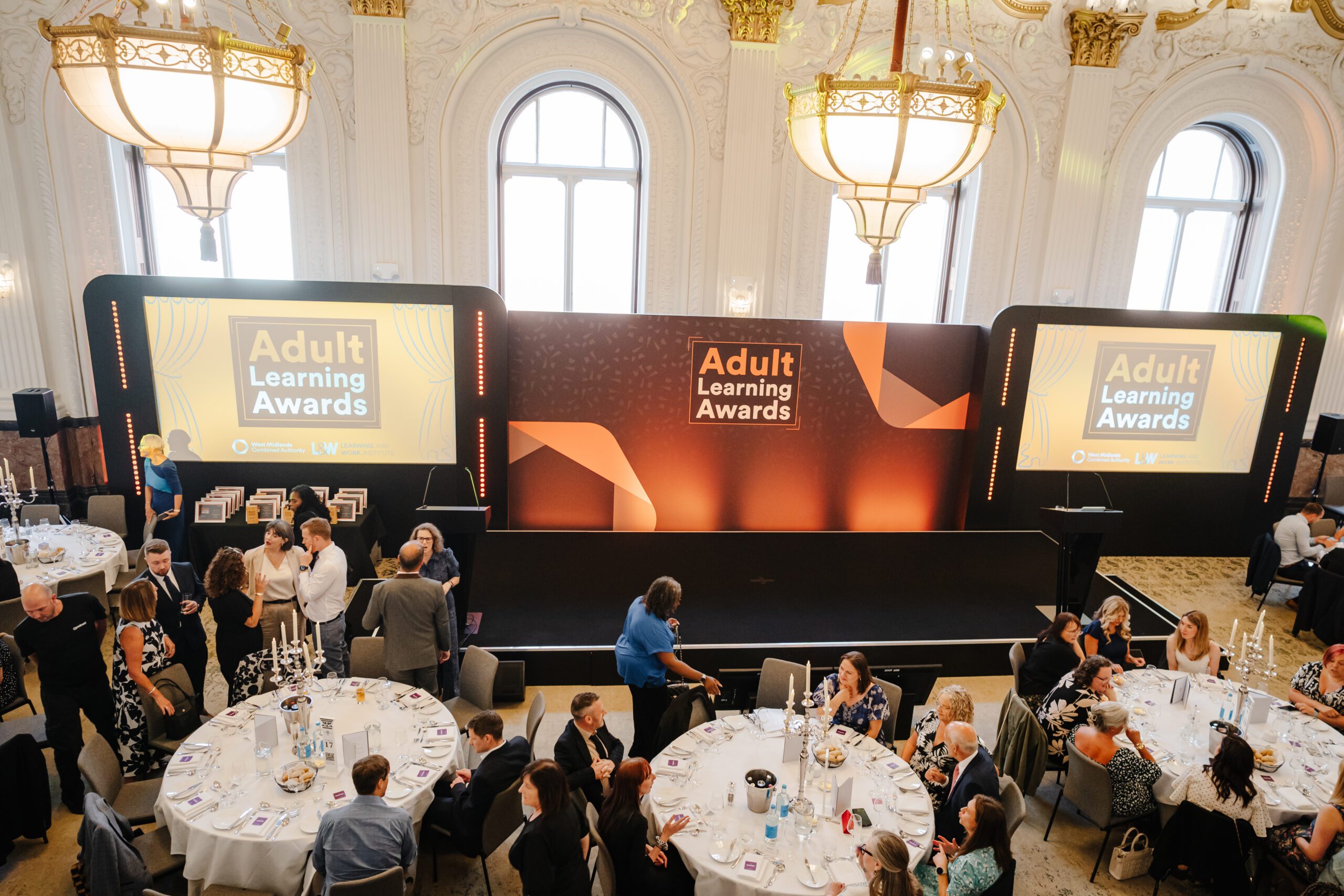 View of the stage and first tables at the Adult Learning Awards, held at the Grand Hotel Birmingham.