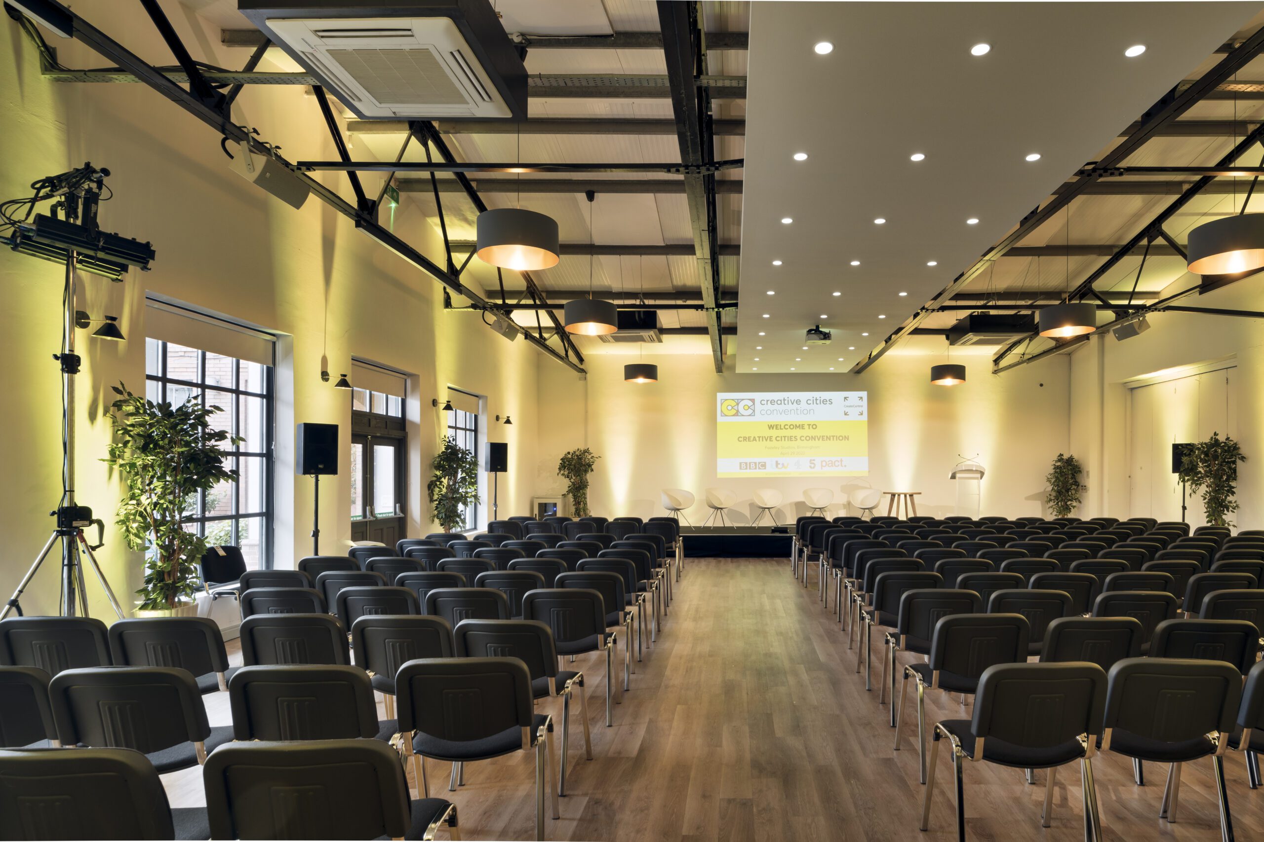 Event set up with audiovisual equipment in the Fazeley Room at Oval Digbeth