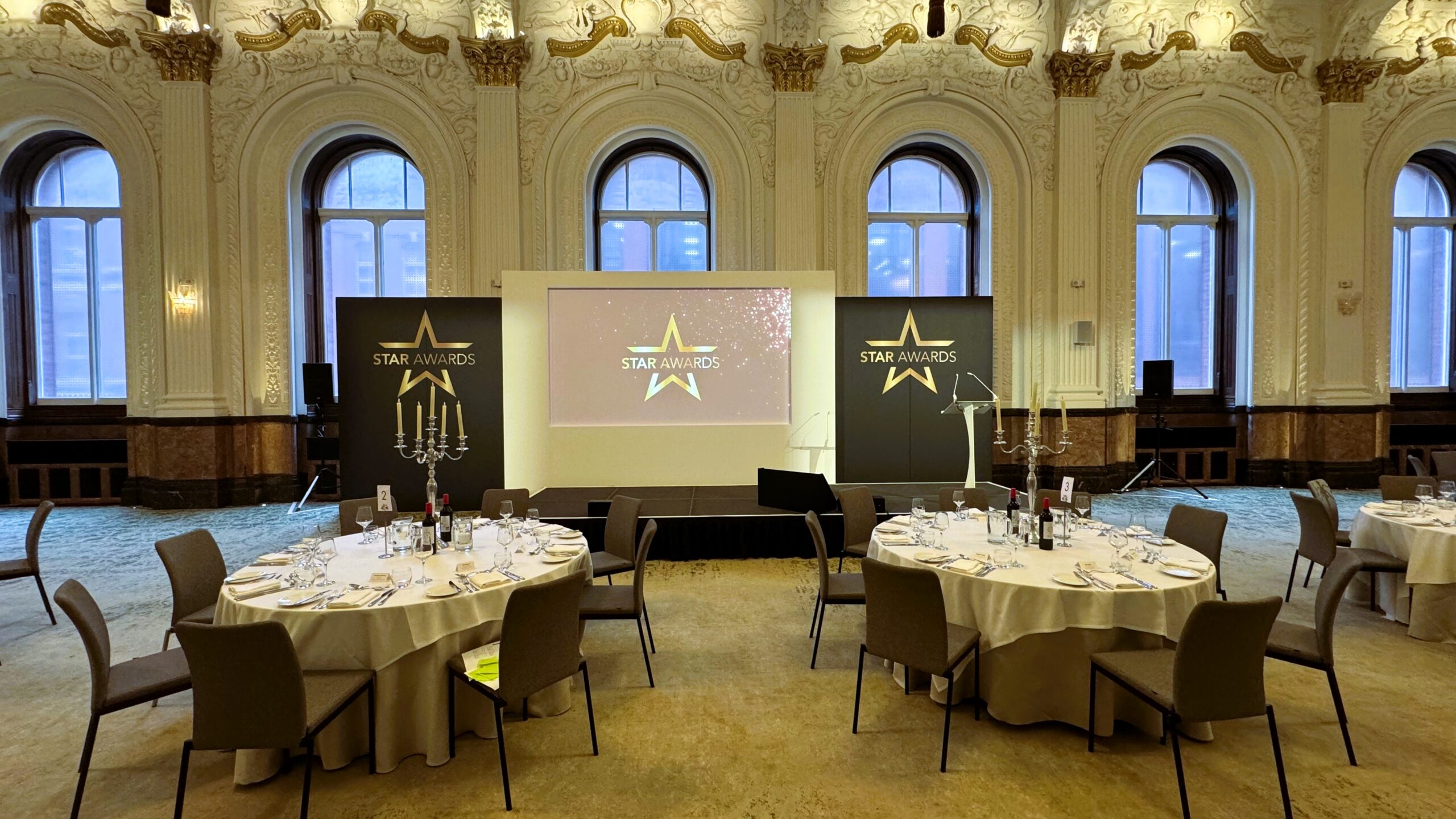 The Grand Ballroom at the Grand Hotel, Birmingham, set up for the Star Awards