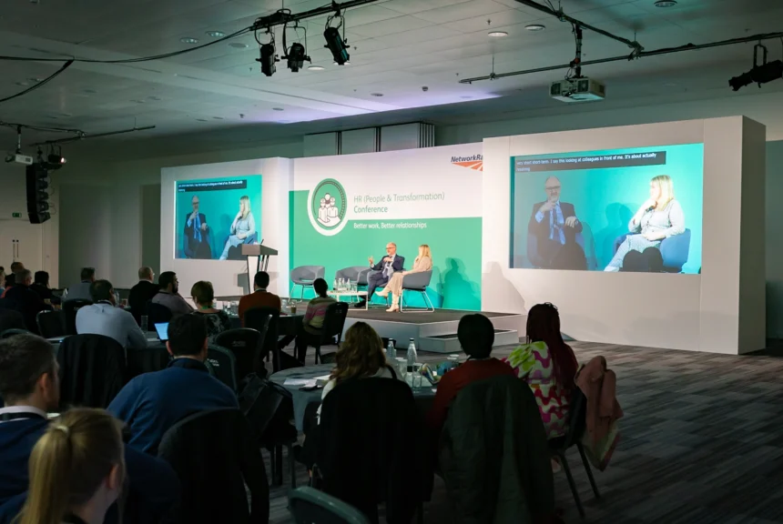 The stage and speakers at the Network Rail HR Conference, an example of the live events run by Quadrant Events