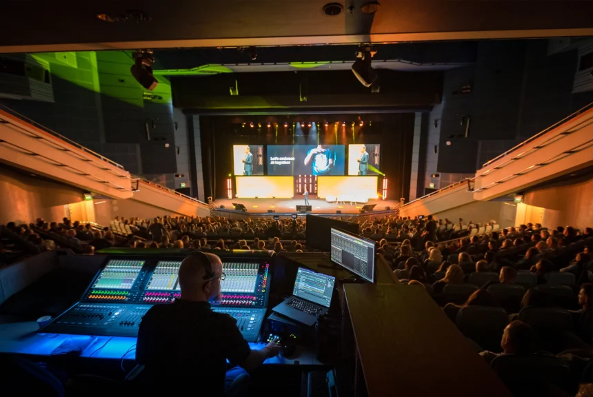 Behind the scenes of the technical production desk at a live event run by Quadrant