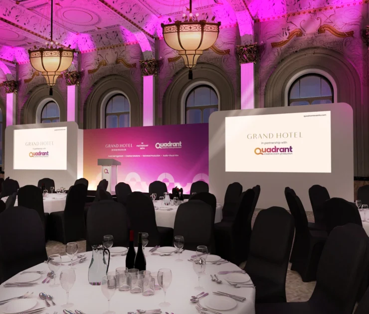 The Grand Hotel in Birmingham set up for an event using AV hire equipment and screens in partnership with Quadrant Events