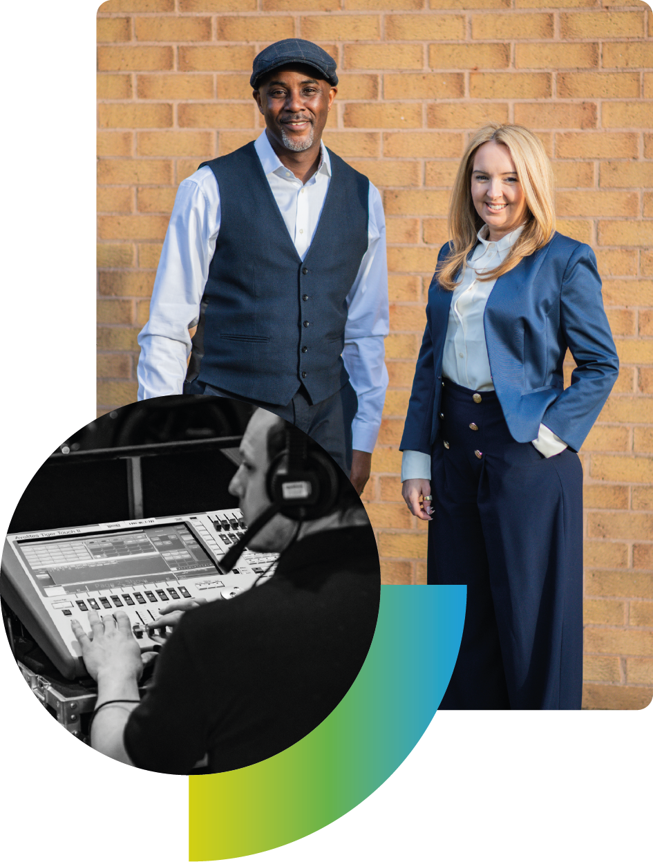 Montage of images showing AV hire equipment and team at Quadrant Events